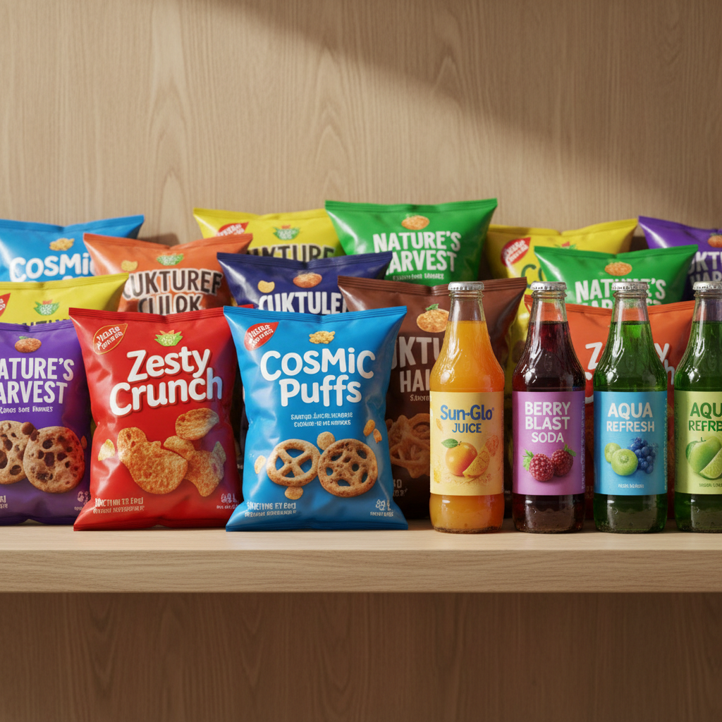 Colourful snack packets and beverage bottles neatly arranged on a bright clean shelf in natural indoor lighting