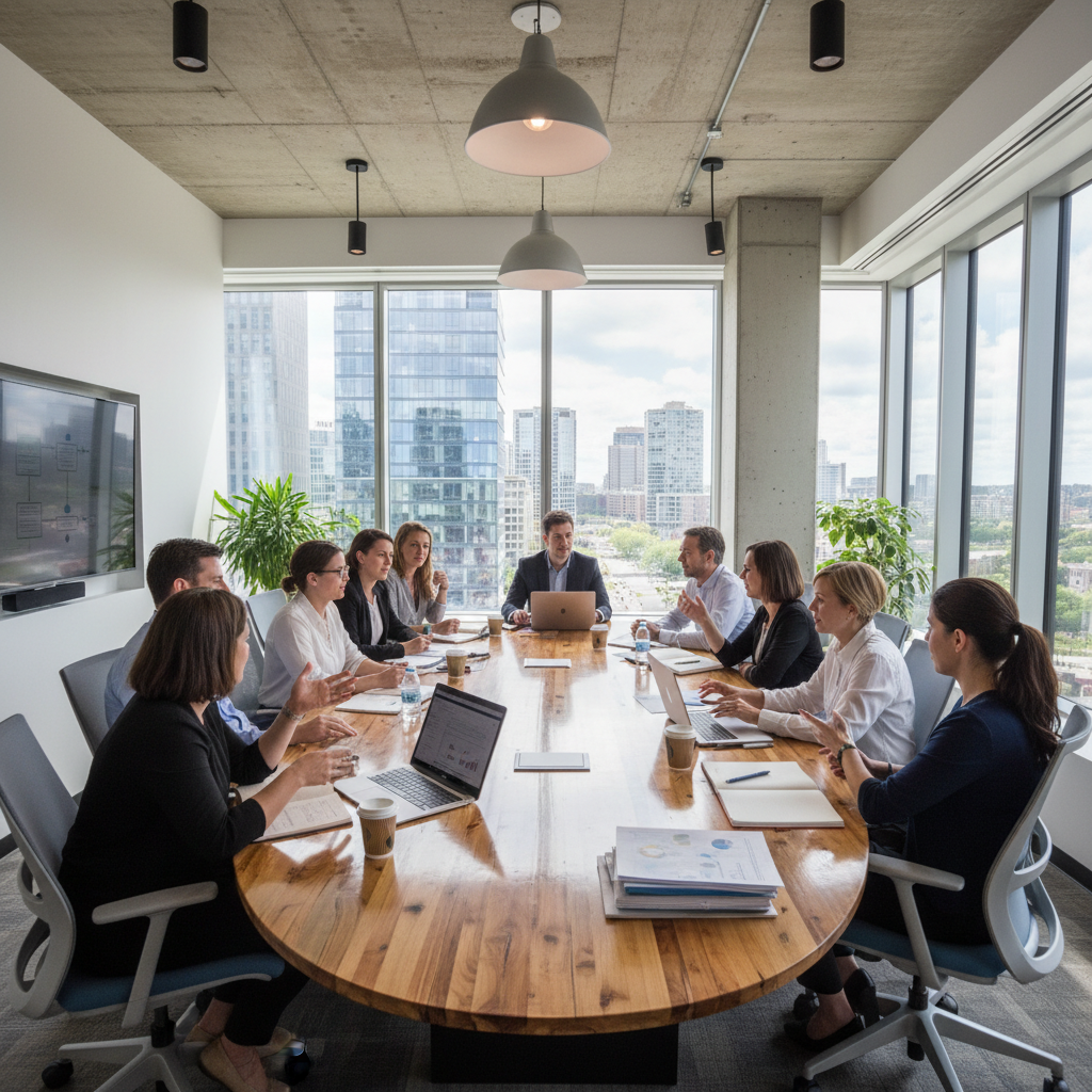 Professional team of real estate and legal experts gathered around a table in a bright modern Jamaican office, collaborative meeting atmosphere