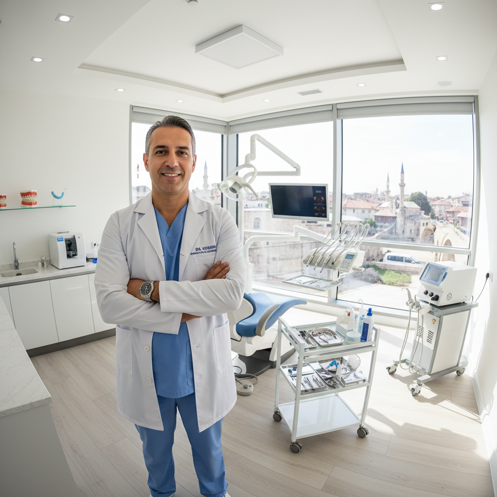 Professional headshot of male dental director in white coat in modern dental office environment