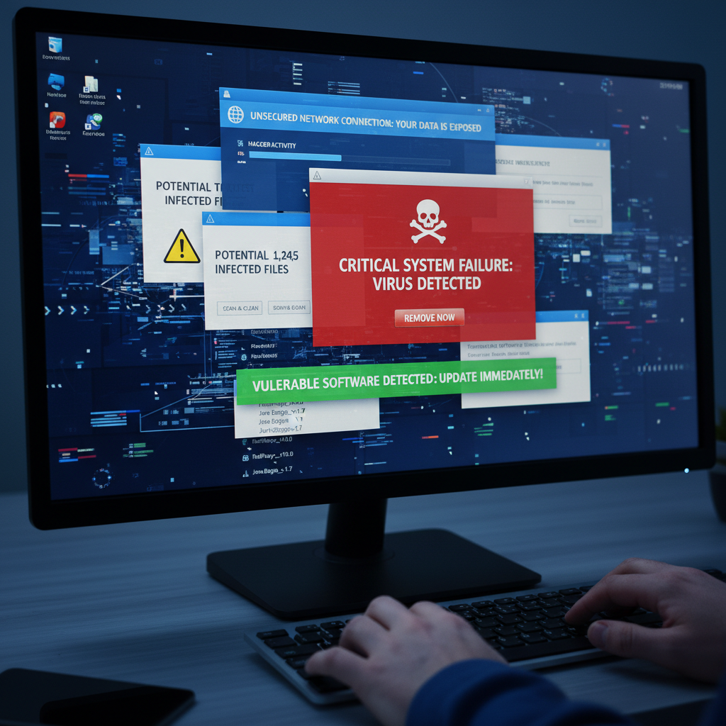 Software update and security patch installation on computer screen with code and system update notifications
