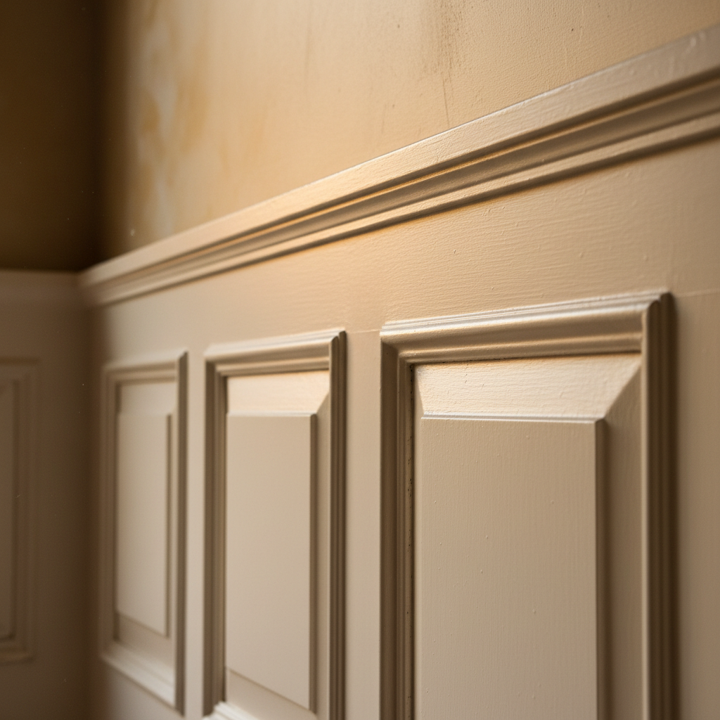 Close-up detail of hand-crafted wainscoting with shadow lines and white paint in amber light