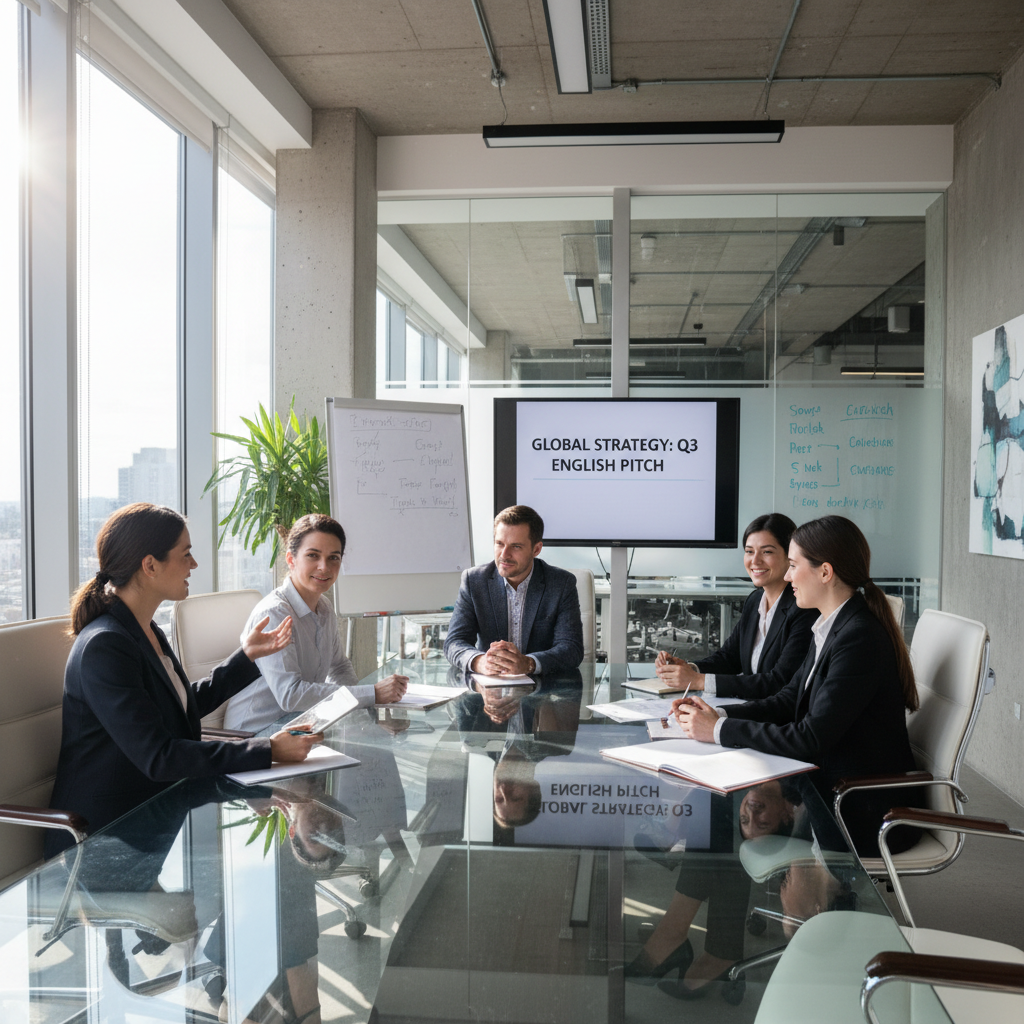 Business professionals in a boardroom practicing English presentations