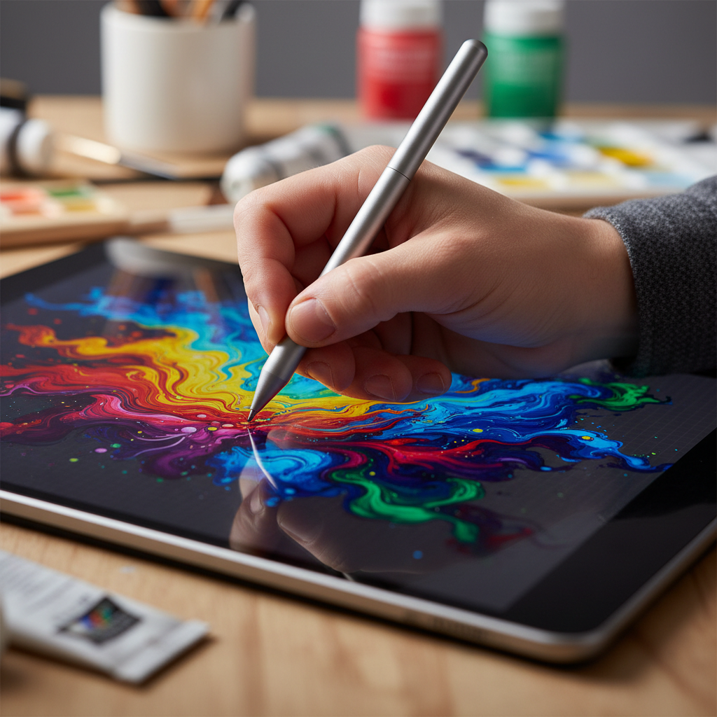 Digital art creation on tablet screen with stylus pen