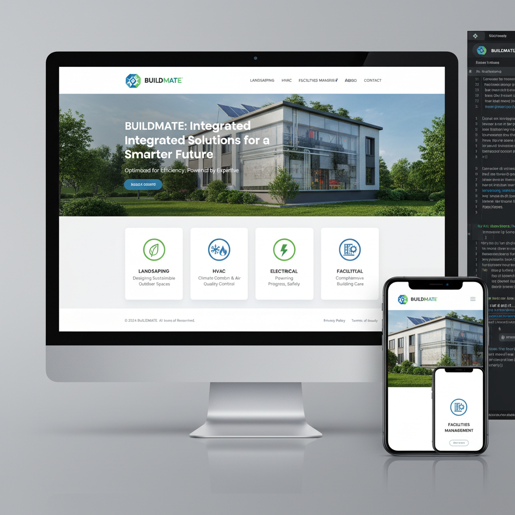 Modern construction company website displayed on desktop monitor showing hero section with construction site background and service showcase