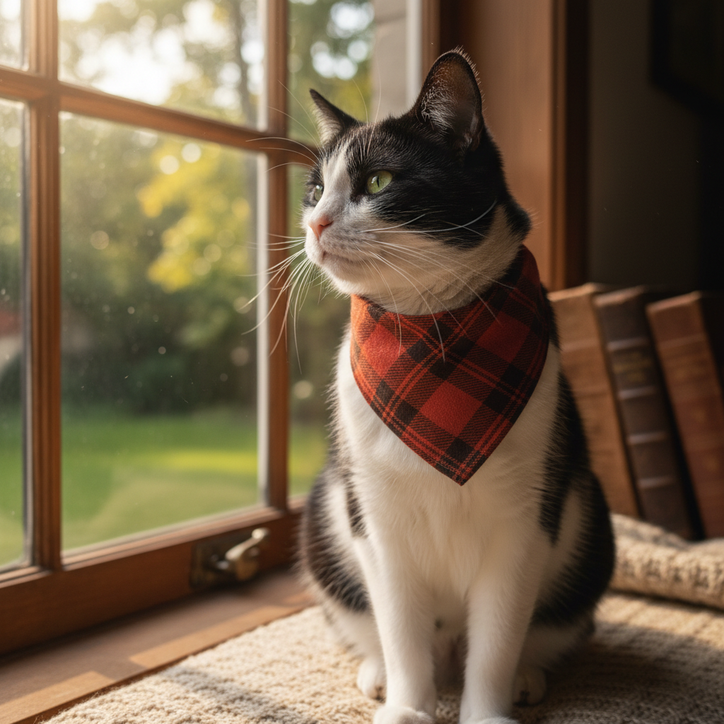 Black and white cat wearing a cinnamon plaid flannel bandana by a window