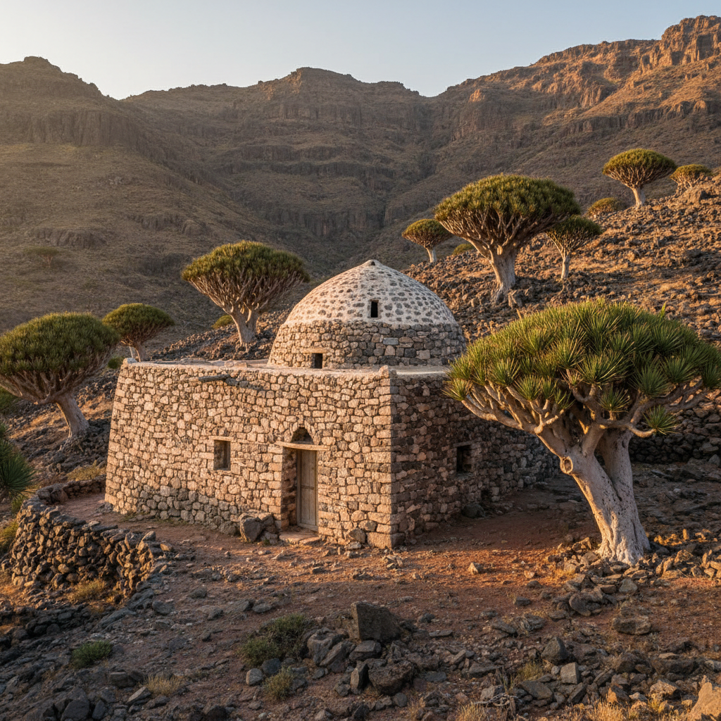 Socotra island dragon blood trees with umbrella-shaped canopies against dramatic rocky landscape