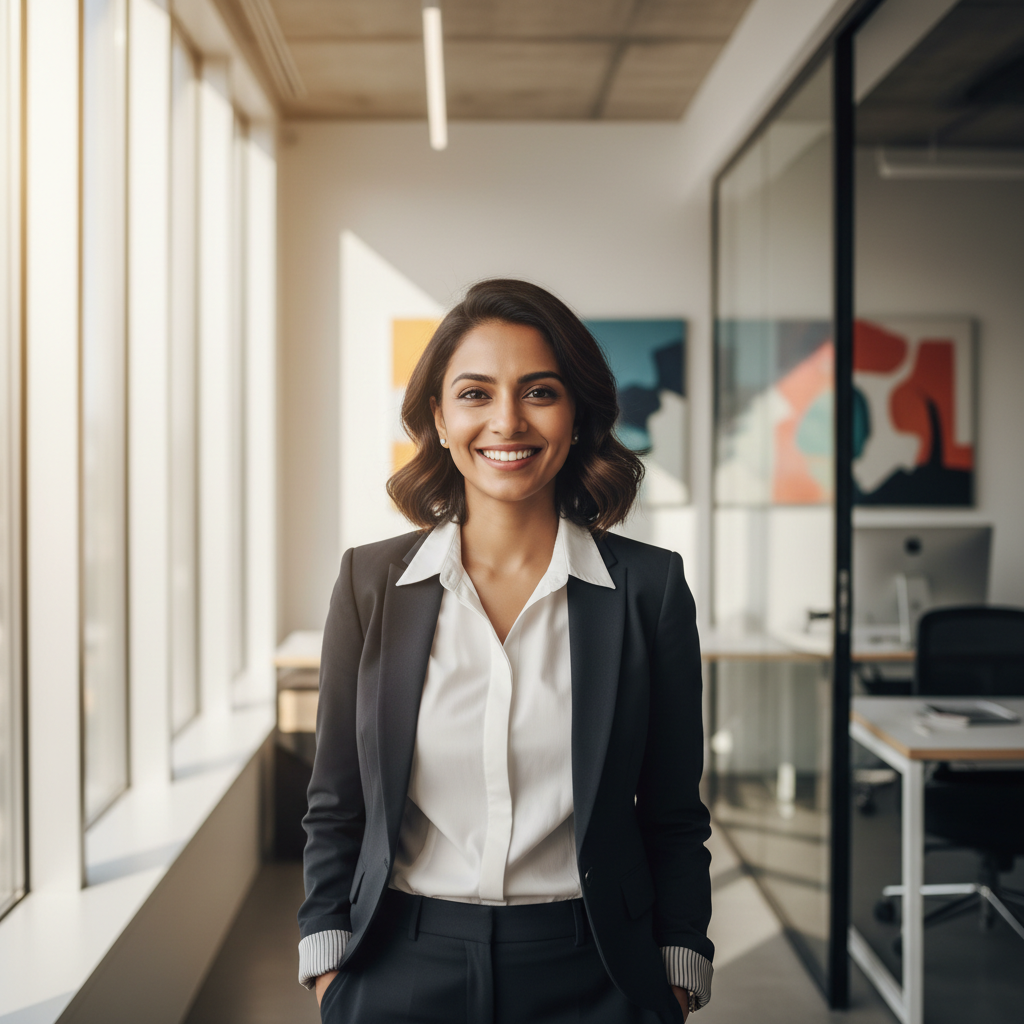 Indian woman with dark hair in professional teal blazer with friendly smile in modern workspace