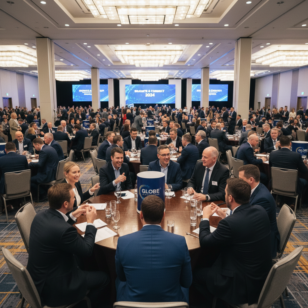 Elegant corporate dining table with formal place settings and suited professionals