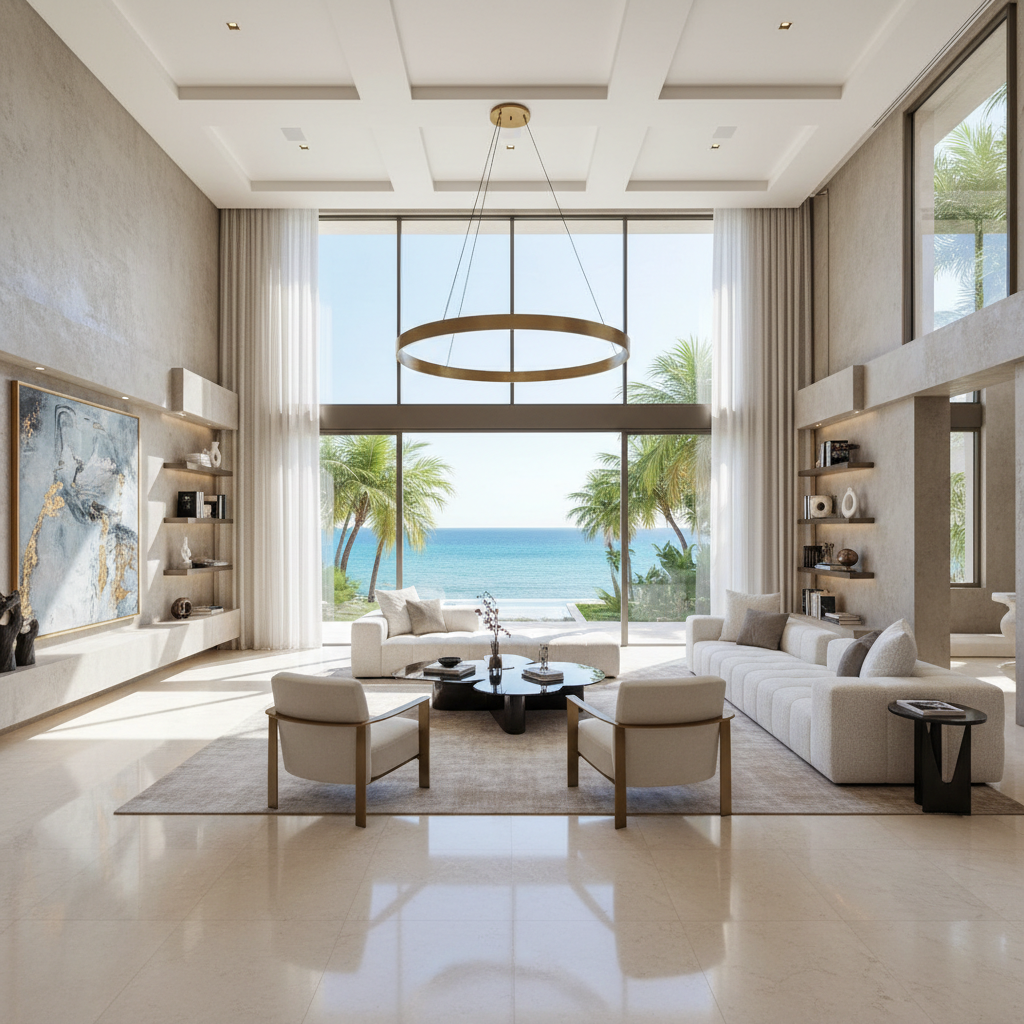Villa interior living room with sea view and modern furniture