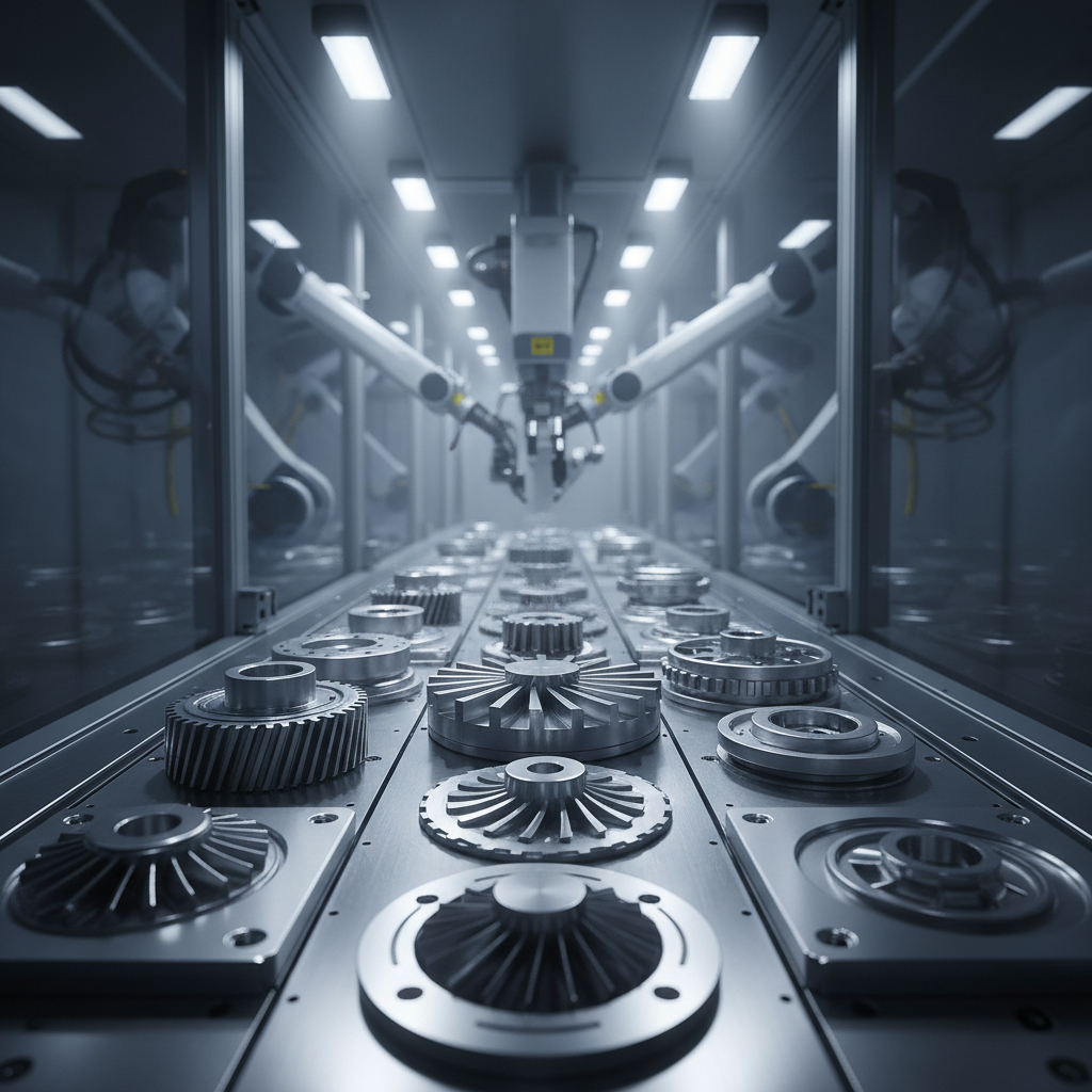 Defence platform engineering components in dim atmospheric industrial environment with dark steel surfaces and precise mechanical assembly