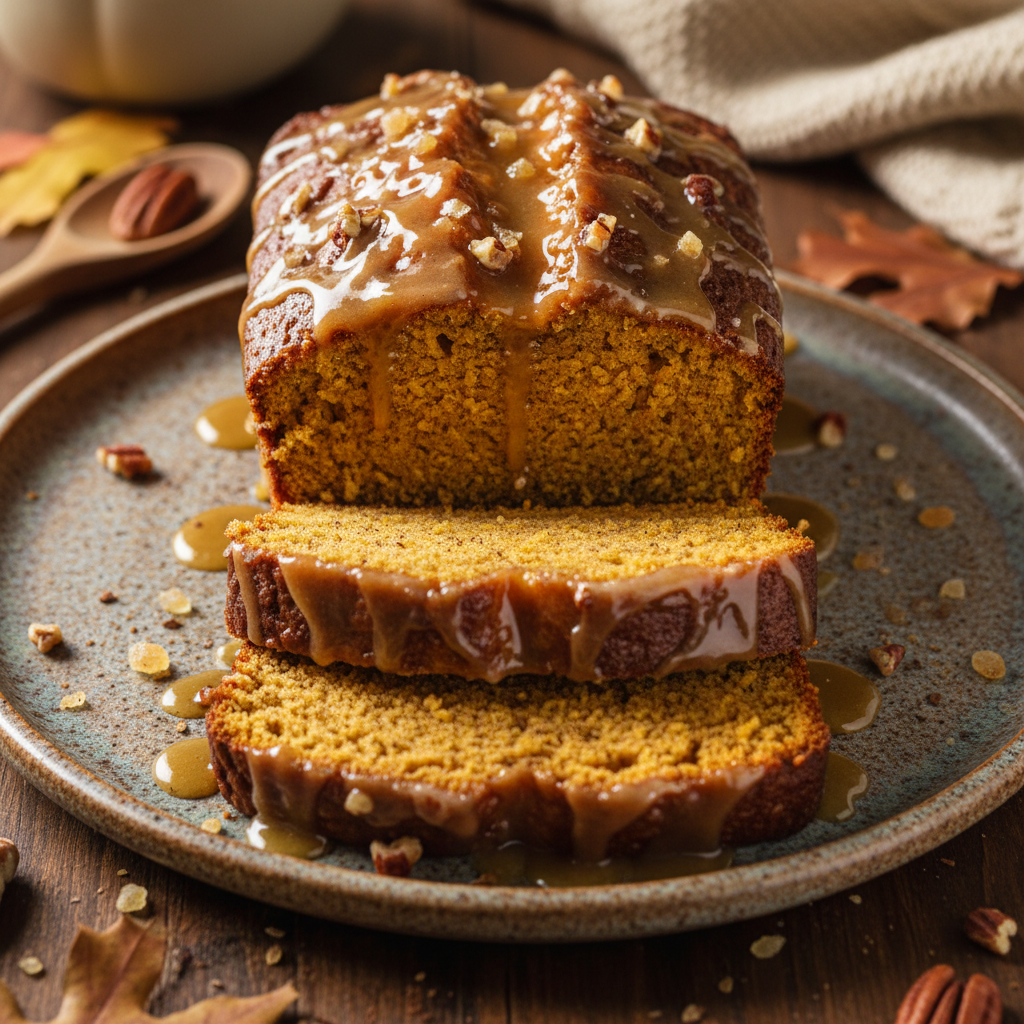Sliced pumpkin spice loaf on wooden board, orange interior visible, warm autumn light