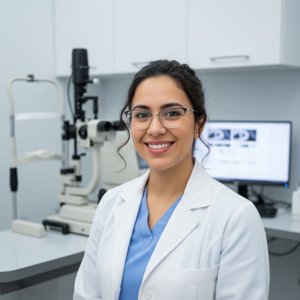 Dr. Sofia Reyes, Latina optometrist smiling in clinical setting, bilingual English and Spanish