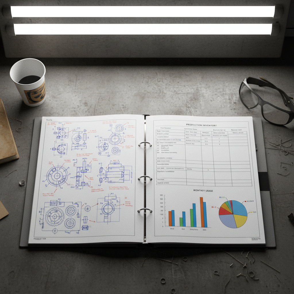 Open binder with engineering diagrams and inventory charts on a factory desk