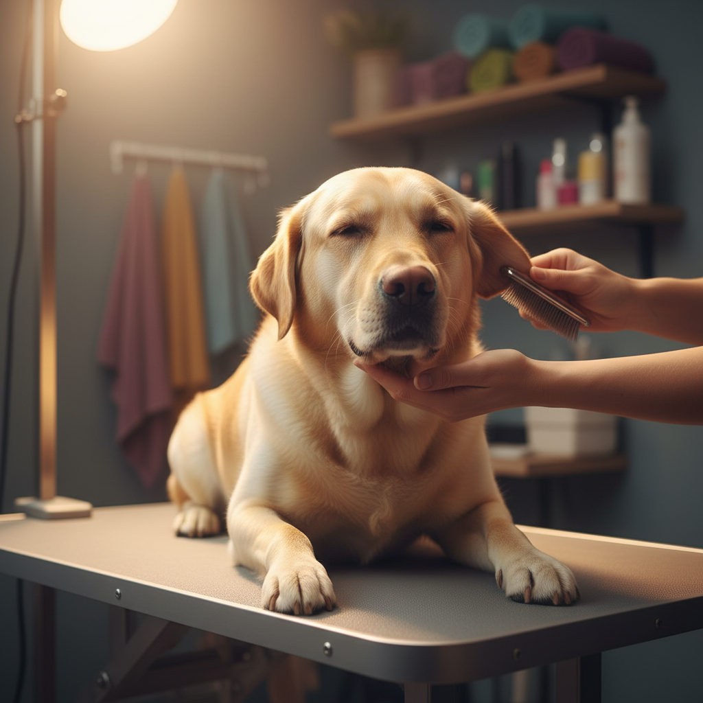 Golden Labrador Retriever mid-groom on raised table, eyes half-closed in bliss, ear flopped over groomer's hand in warm studio light