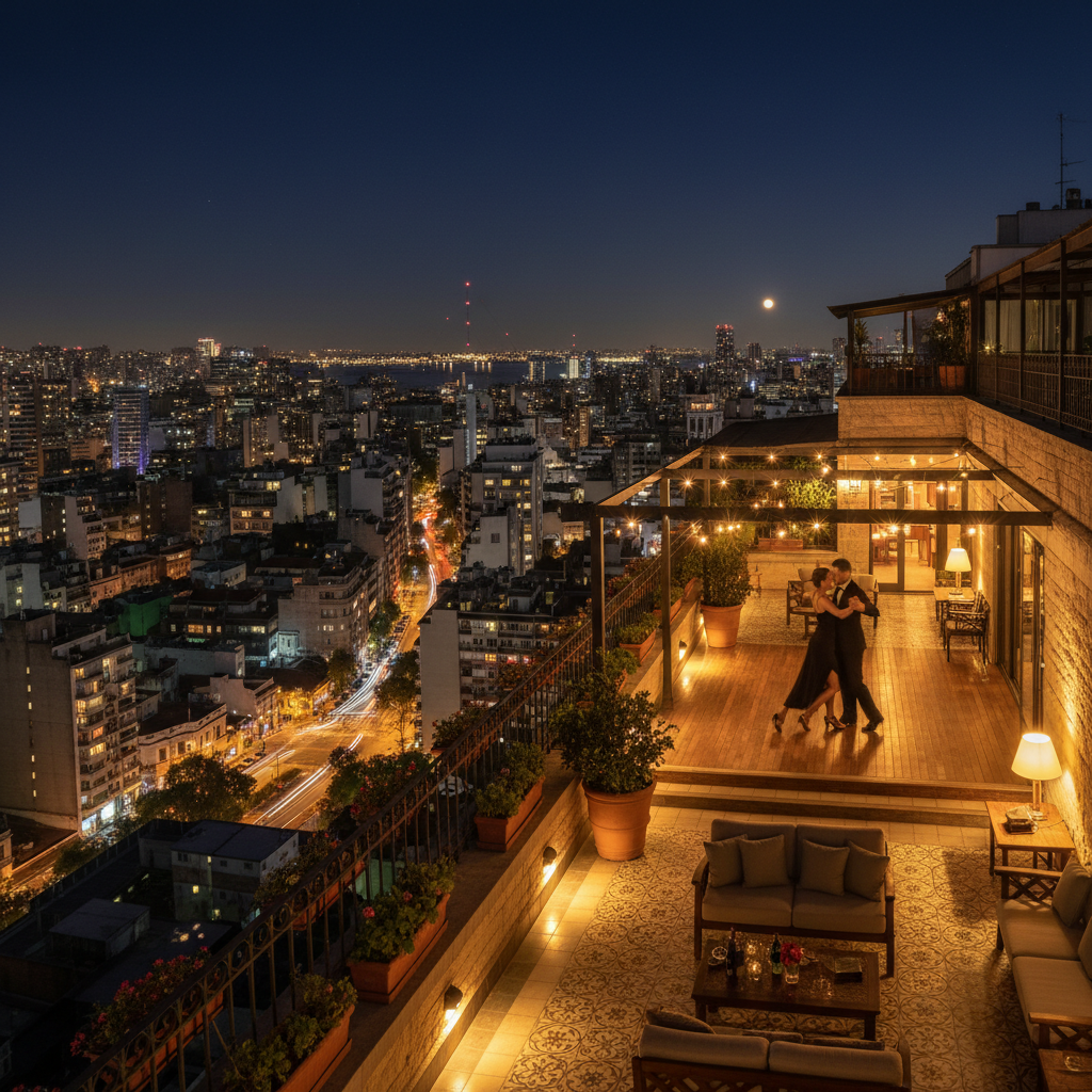 Rooftop suite in Buenos Aires at night with city lights and tango music drifting up