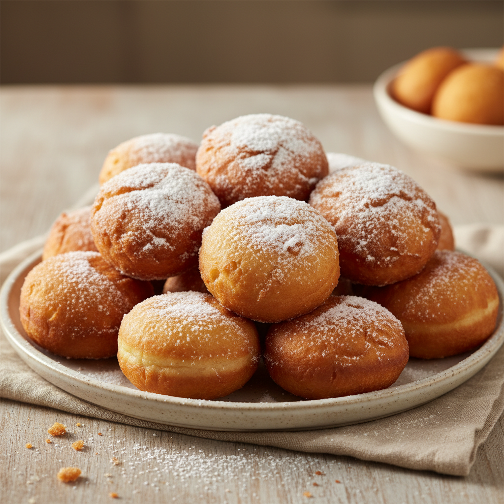Golden fried mandazi doughnuts dusted with powdered sugar on a plate