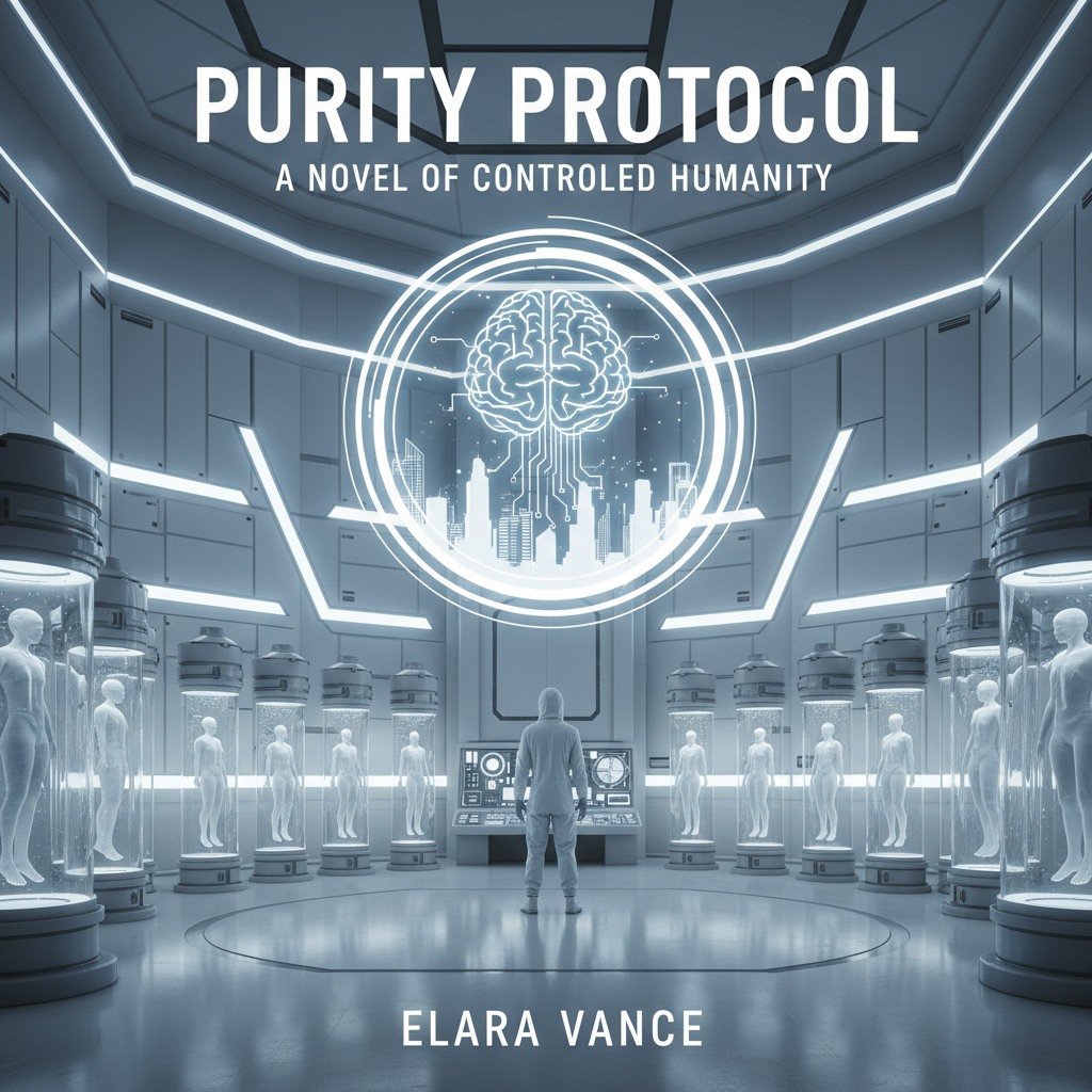 Dystopian science fiction novel cover in dark tones