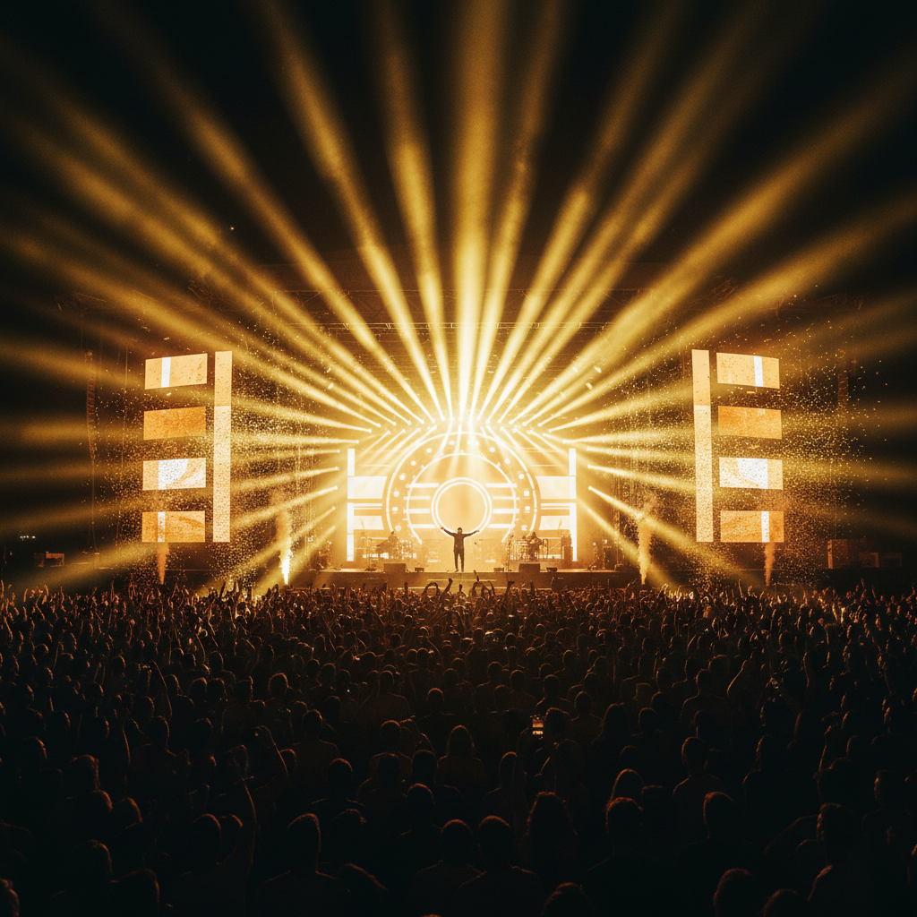 Warm golden festival stage lights, dark crowd silhouettes below, vibrant energetic atmosphere