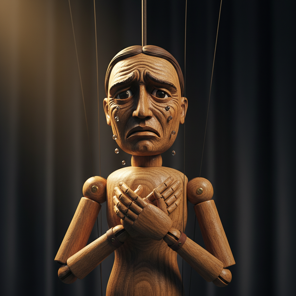 Wooden rod puppet with articulated arms and expressive face on a black stage background