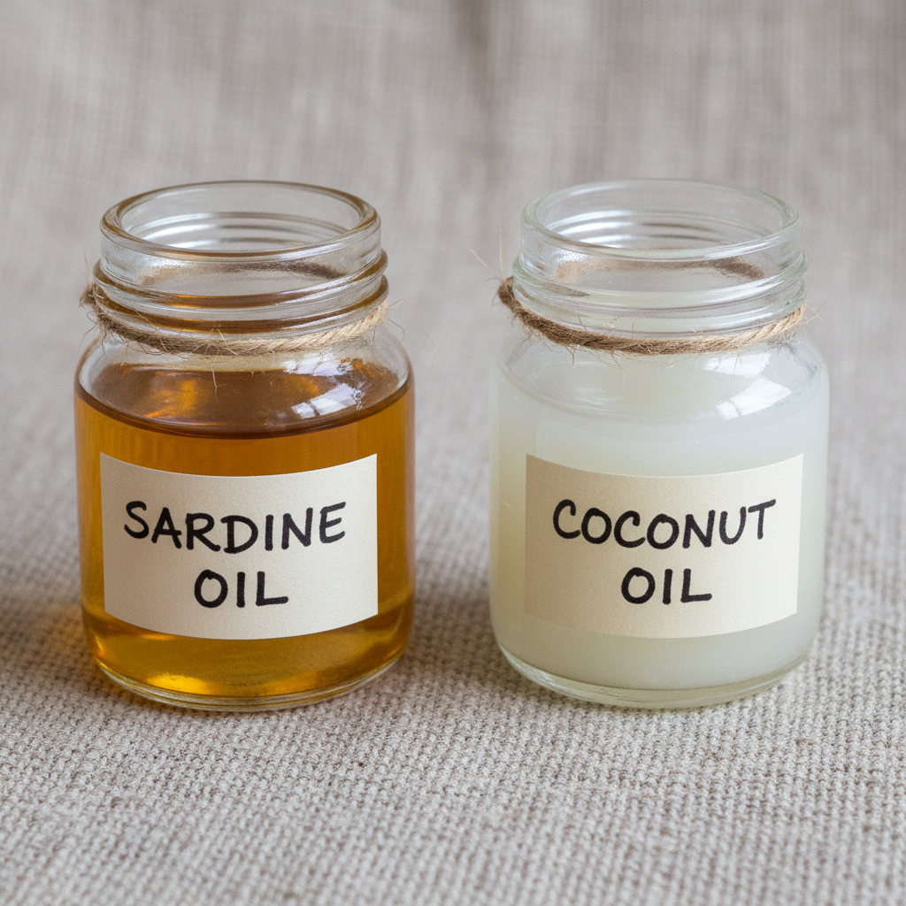 Small glass jars of sardine oil and coconut oil with handwritten labels on a linen cloth beside a ceramic bowl
