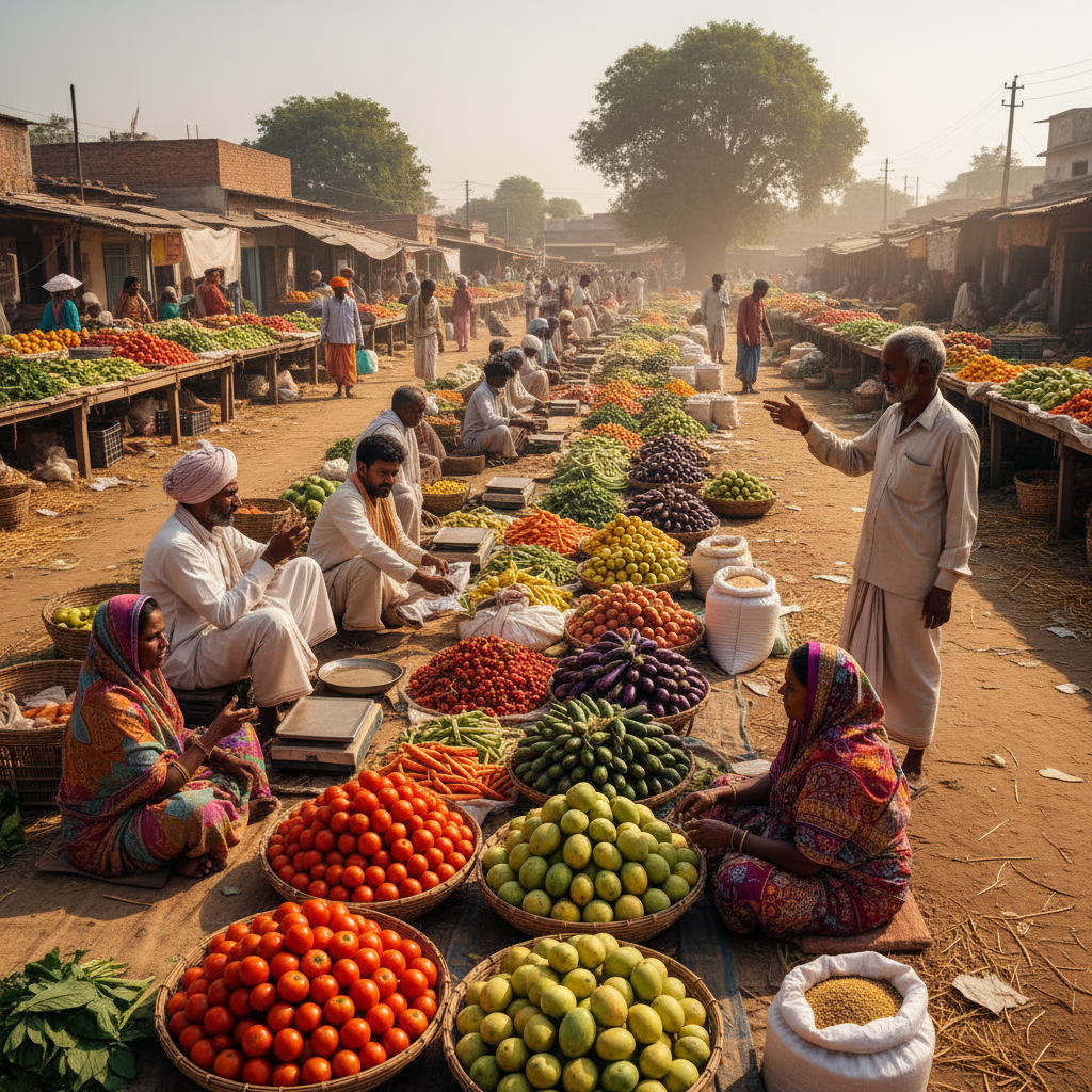 Busy rural agricultural market in South Asia, colorful vegetables piled high, farmers and buyers, vibrant community activity