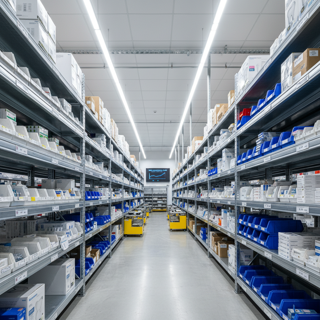 Modern office supply store with organized shelving, stationery, and business equipment