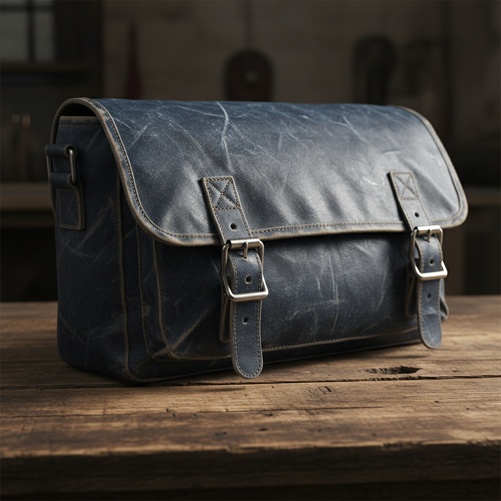 Waxed denim messenger bag with chrome buckles, worn flap and visible stitching