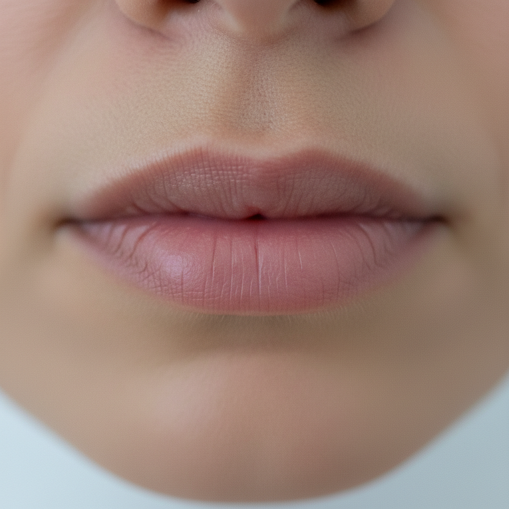 Natural lips with thin volume and asymmetry in neutral daylight