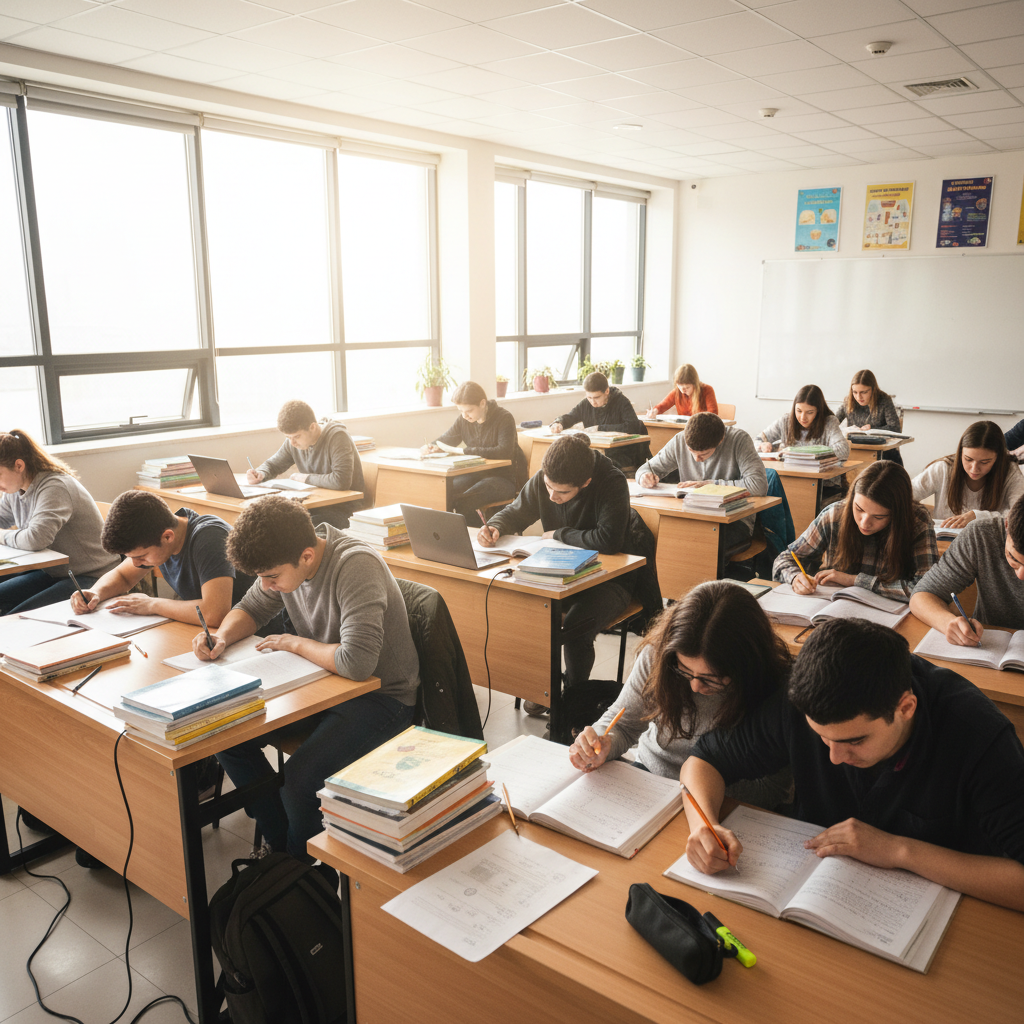Children sitting at desks in a classroom with notebooks open, bright natural window light