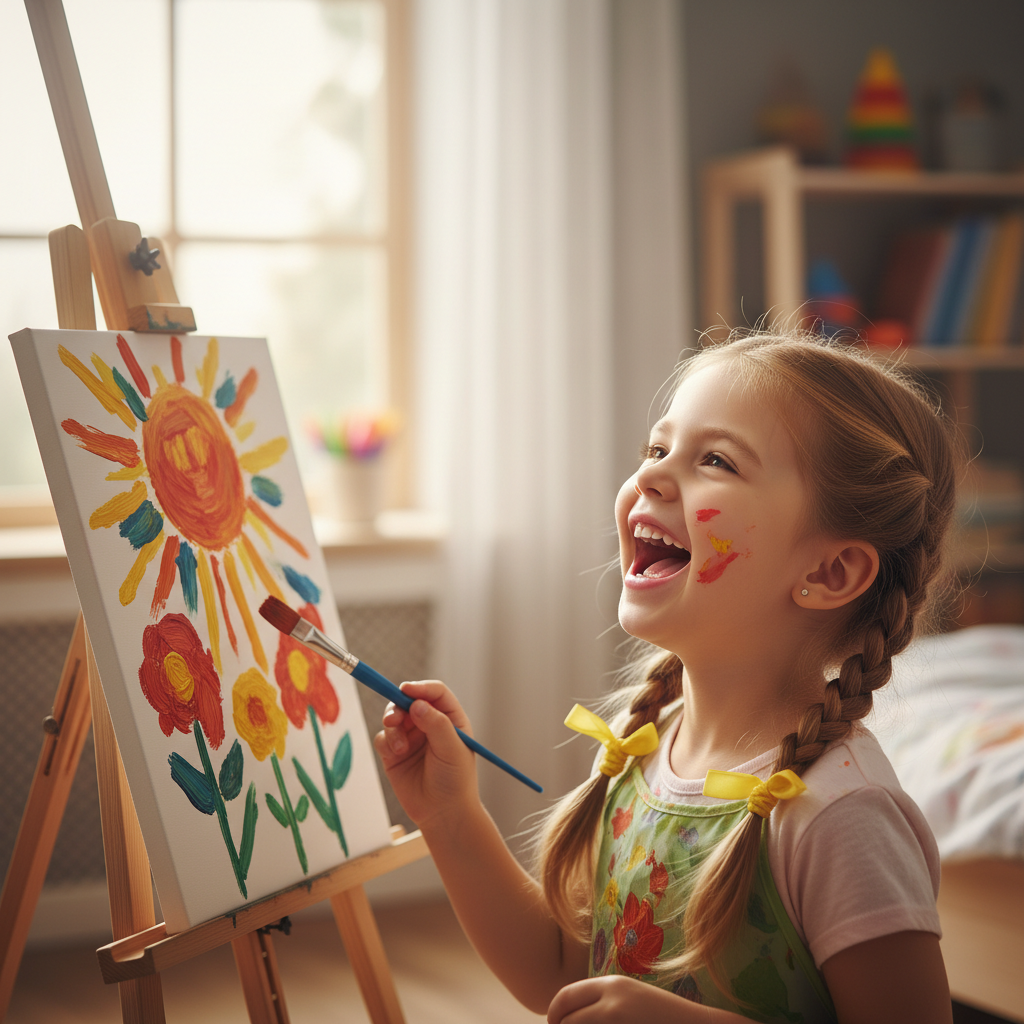 Little girl with pigtails laughing while painting at an easel