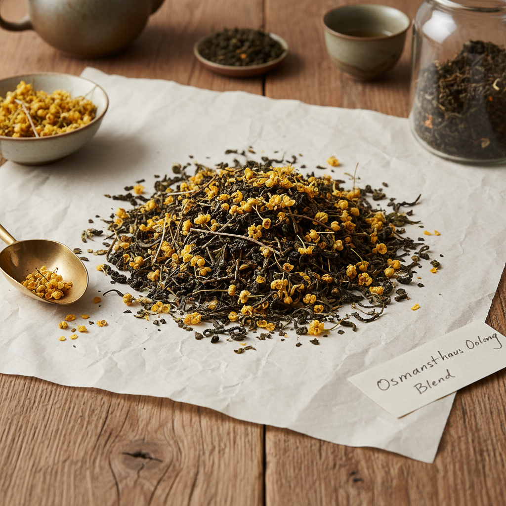 Dried osmanthus blossoms and tea leaves spread across paper for blending on a wooden table