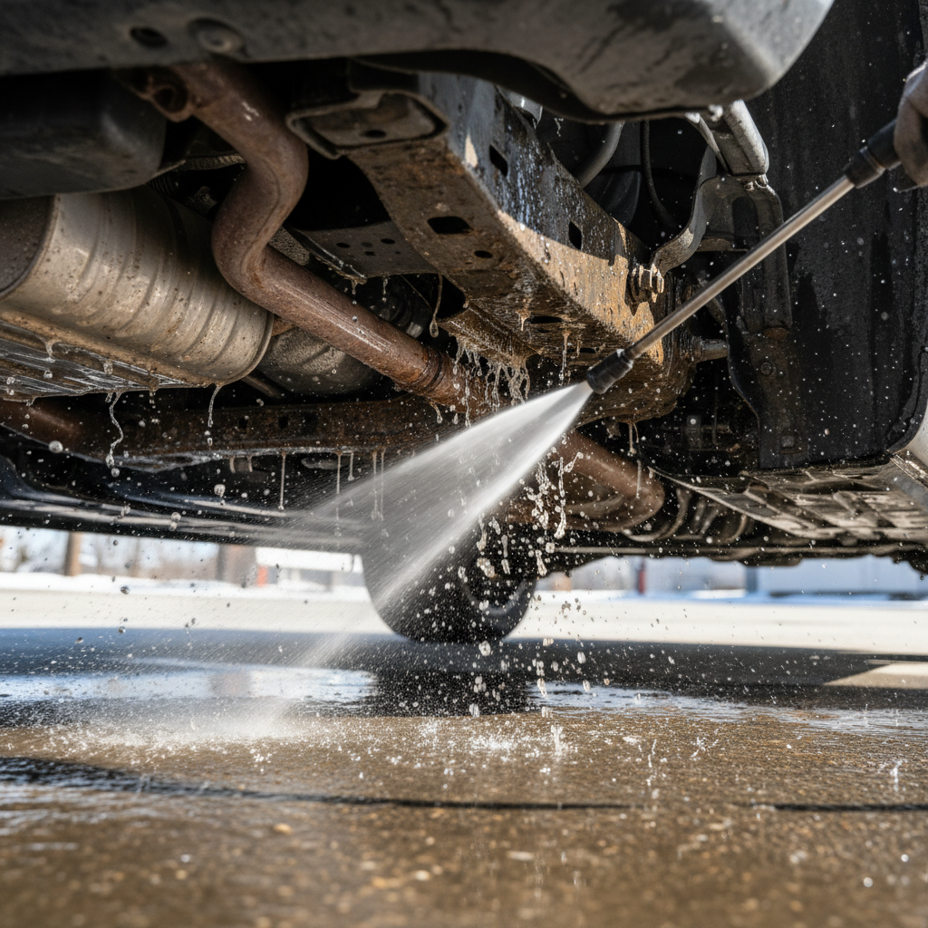 Car underbody being sprayed with high-pressure water jets removing road salt and dirt, workshop setting