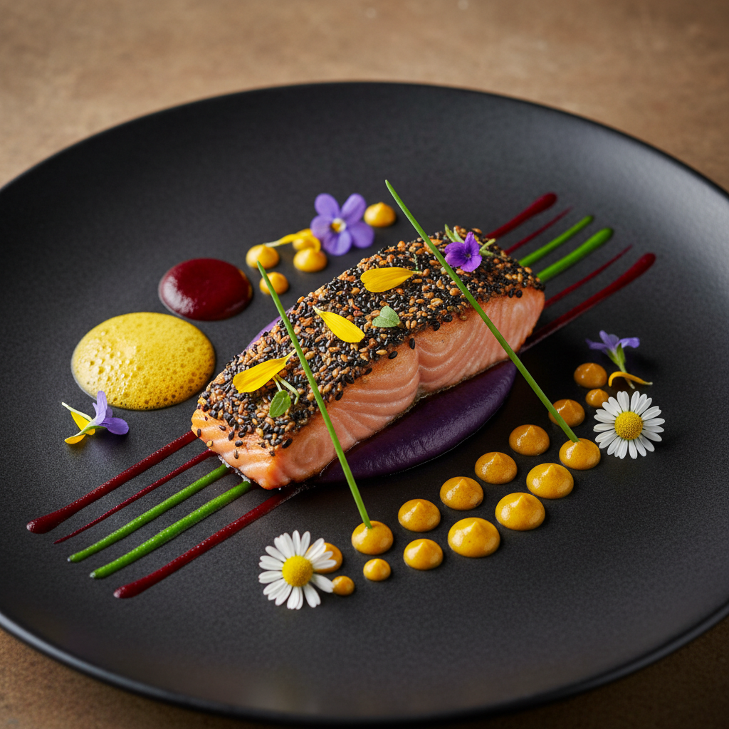 Artistic plated dish with geometric sauce placement and edible flowers