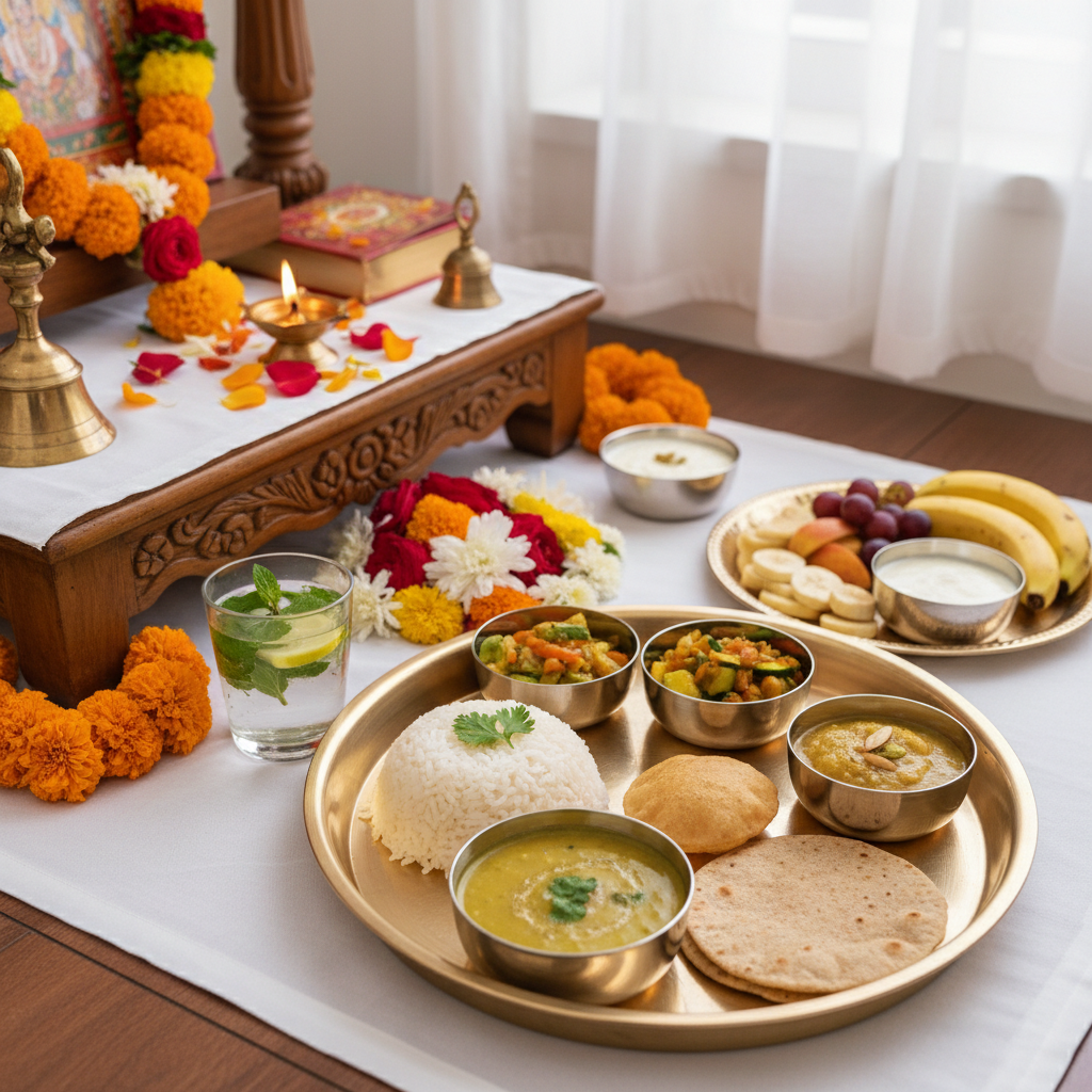 Religious Functions catering setup with Indian food, warm ambient lighting, elegant event decoration