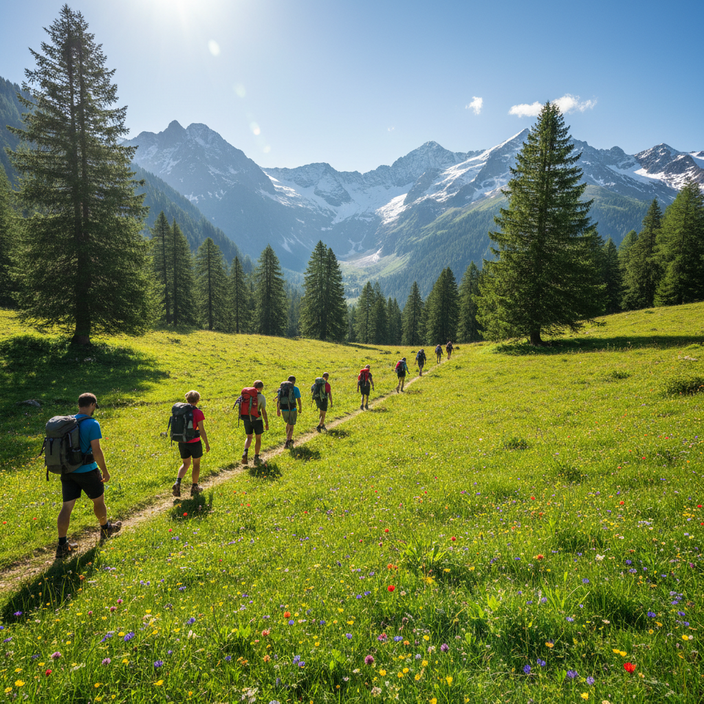Trekkers walking through green Gulmarg meadow with wildflowers and mountains