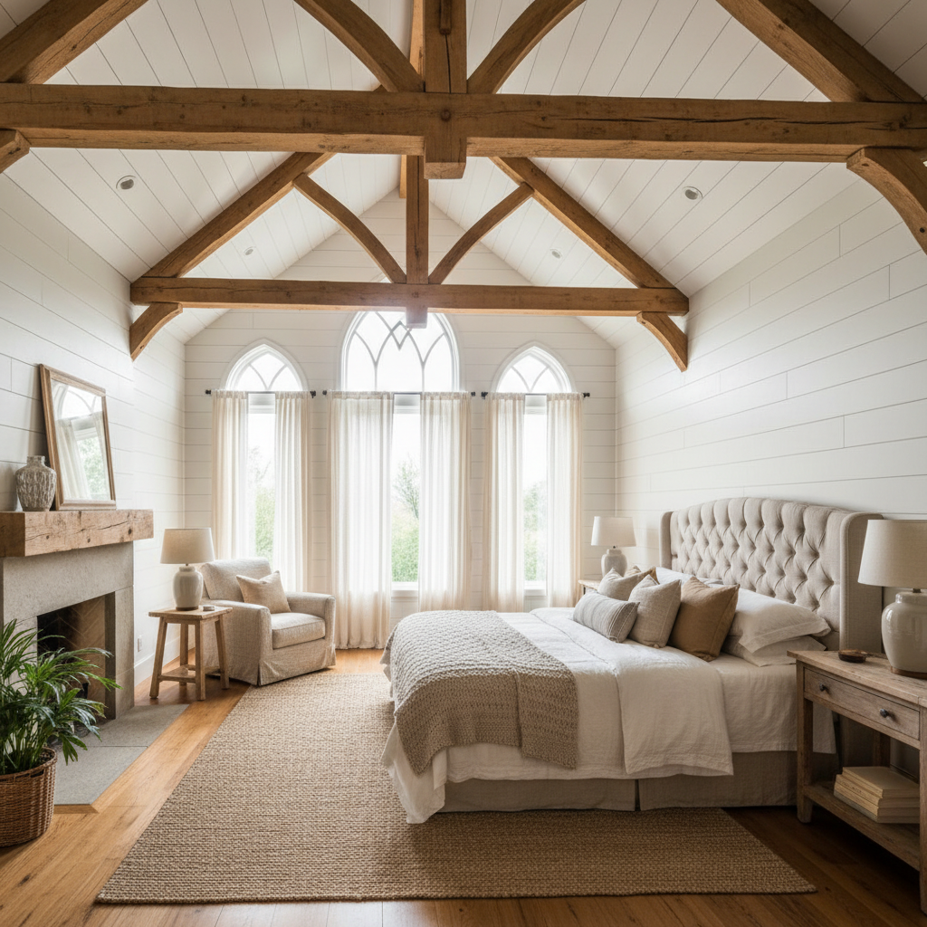 Mountain home master bedroom with vaulted ceiling, exposed wood beams, and floor-to-ceiling windows with forest view