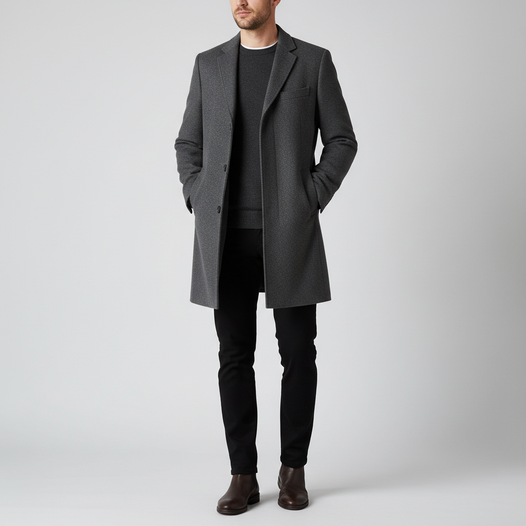 Well-lit minimalist studio, man in tailored charcoal wool blazer, clean bright environment