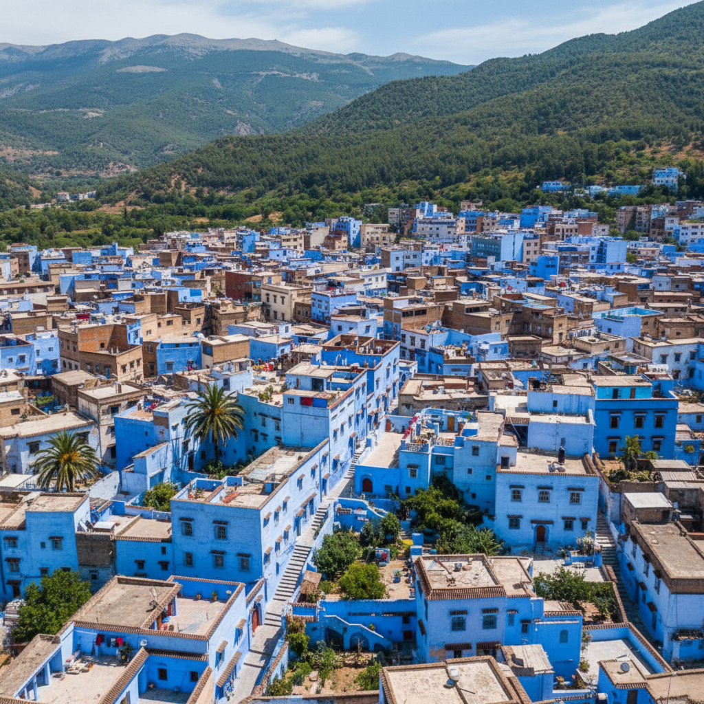 Panorama Chefchaouen z góry z widokiem na góry Rif