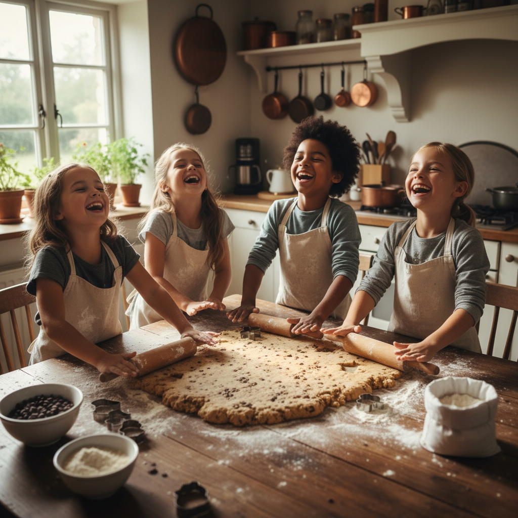 Group of kids in aprons laughing while rolling out cookie dough together