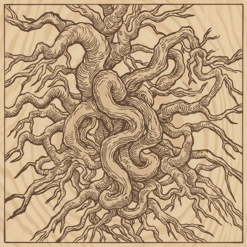 Woodblock relief print of tangled root system in deep sepia brown on warm cream paper, grain of the wood visible as texture in the lighter areas