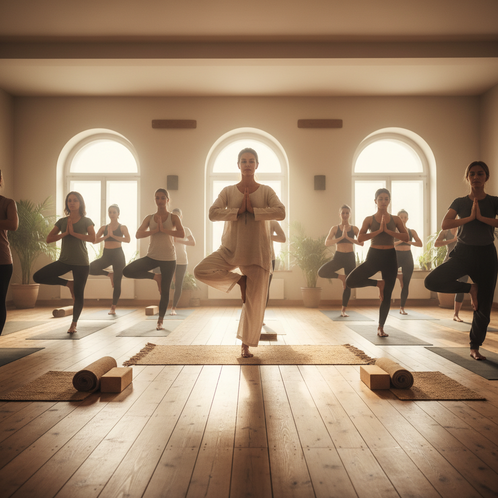 Woman doing yoga in a bright studio, athletic posture, warm natural light through large windows
