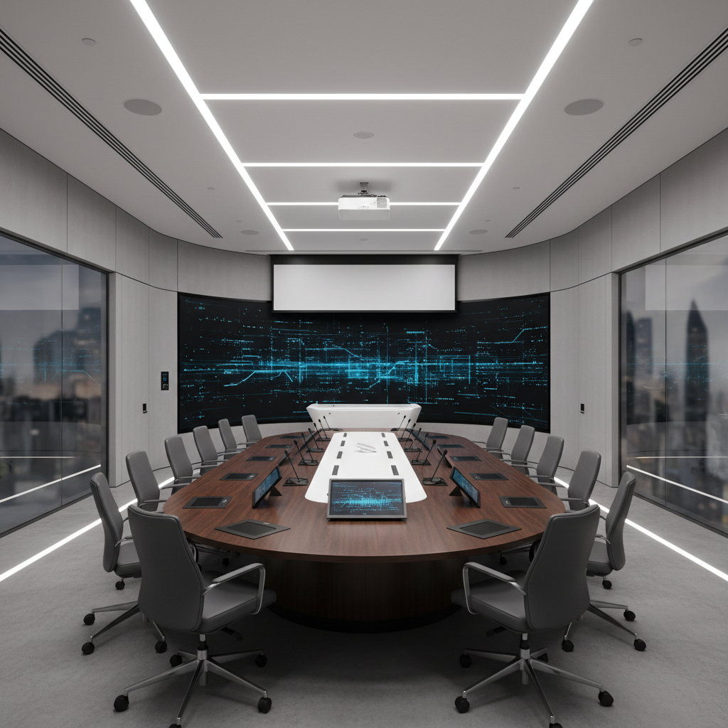 Professional conference room with presentation screen and executive seating