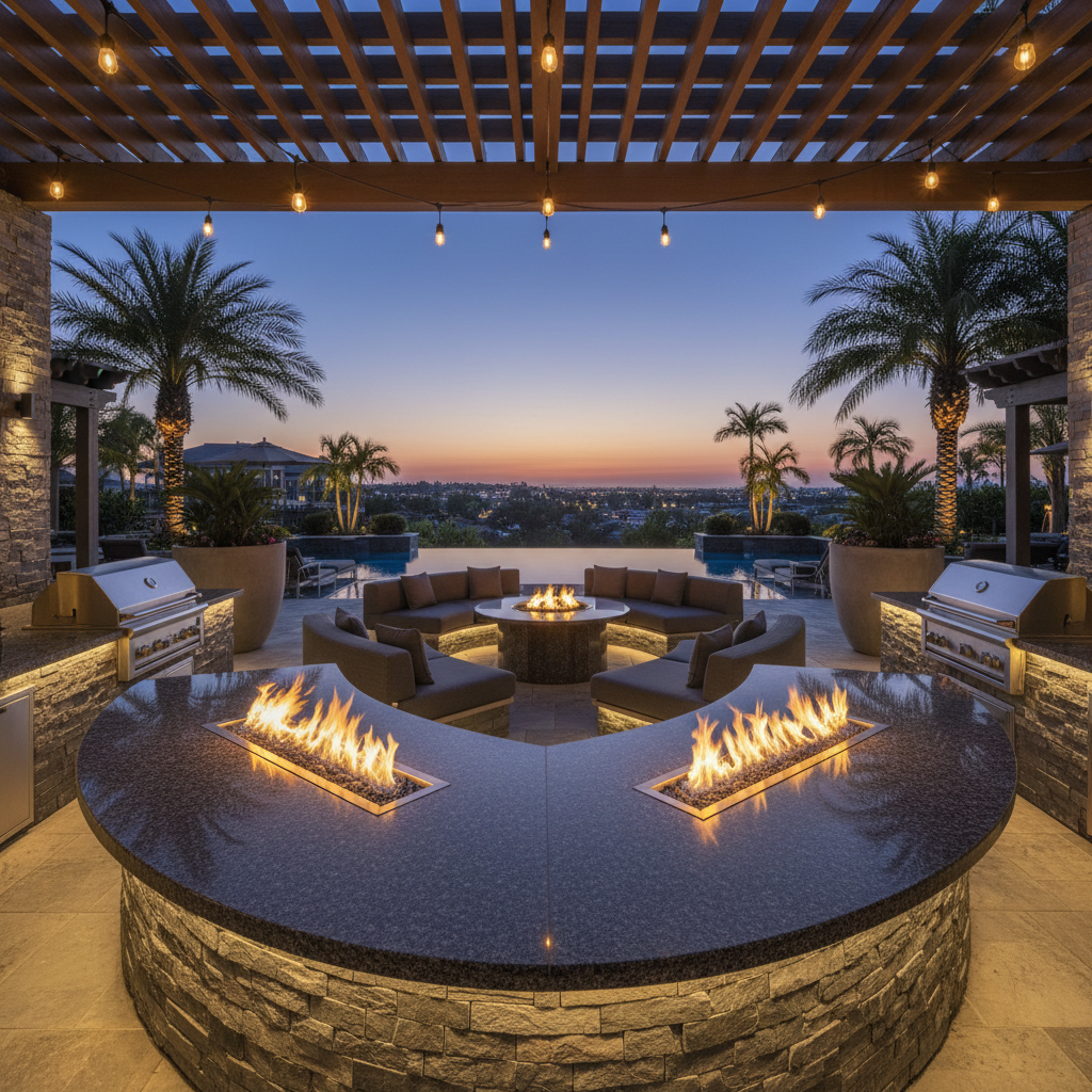 Complete outdoor living area with dining space, fire feature, and landscape lighting at evening
