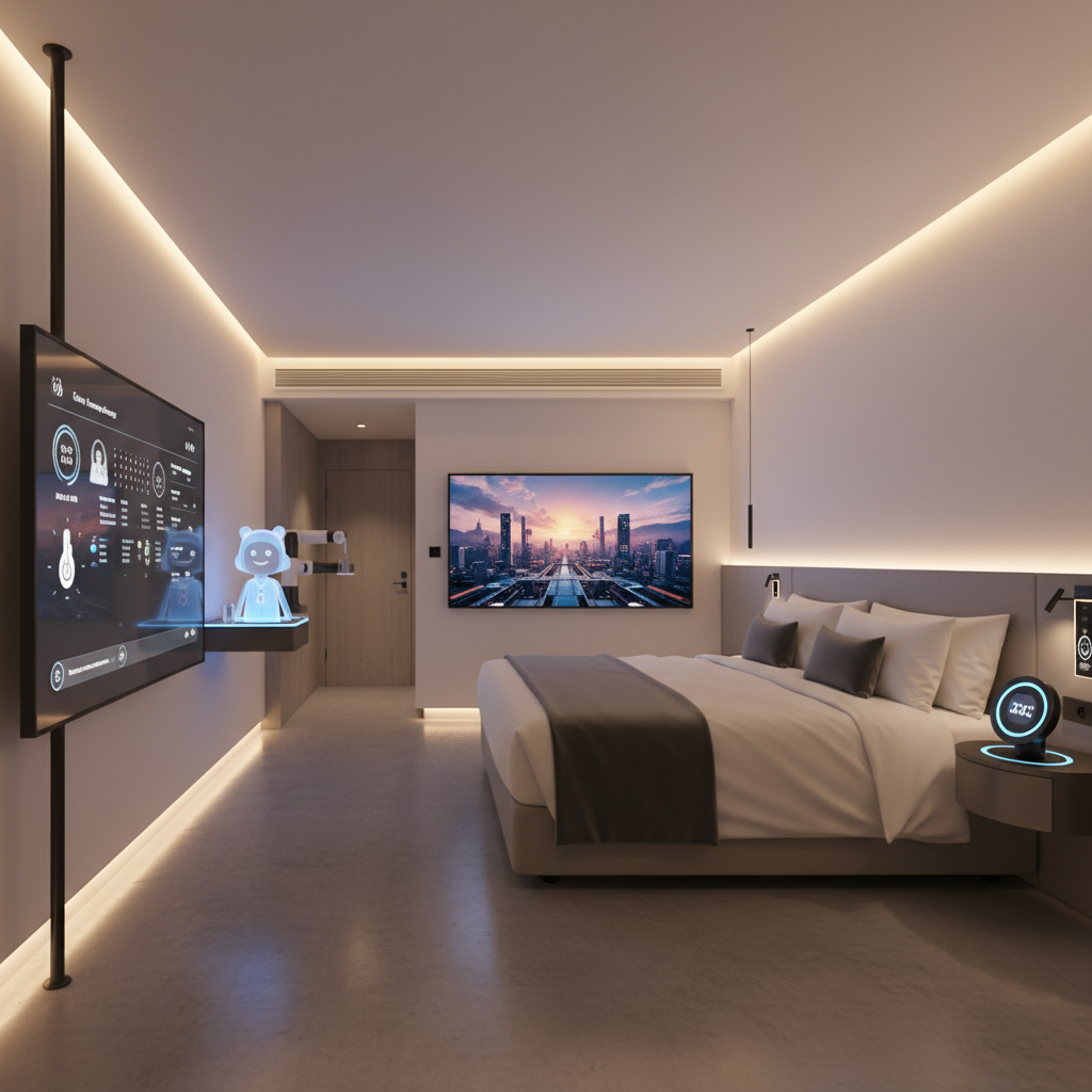 Luxurious smart hotel room with automated lighting and control panel on bedside table