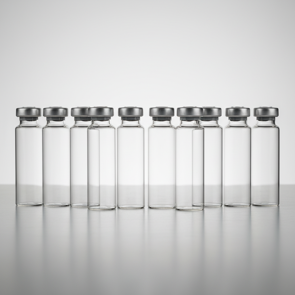 Close-up of precision-formed glass pharmaceutical vials in a row, clear borosilicate glass with uniform wall thickness