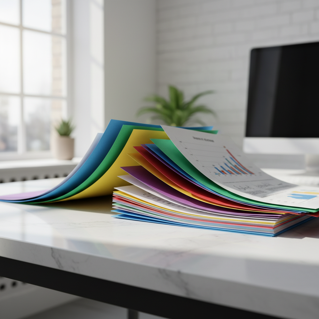 Clean modern report document on desk with data charts, bright daylight, minimal office setting, professional presentation