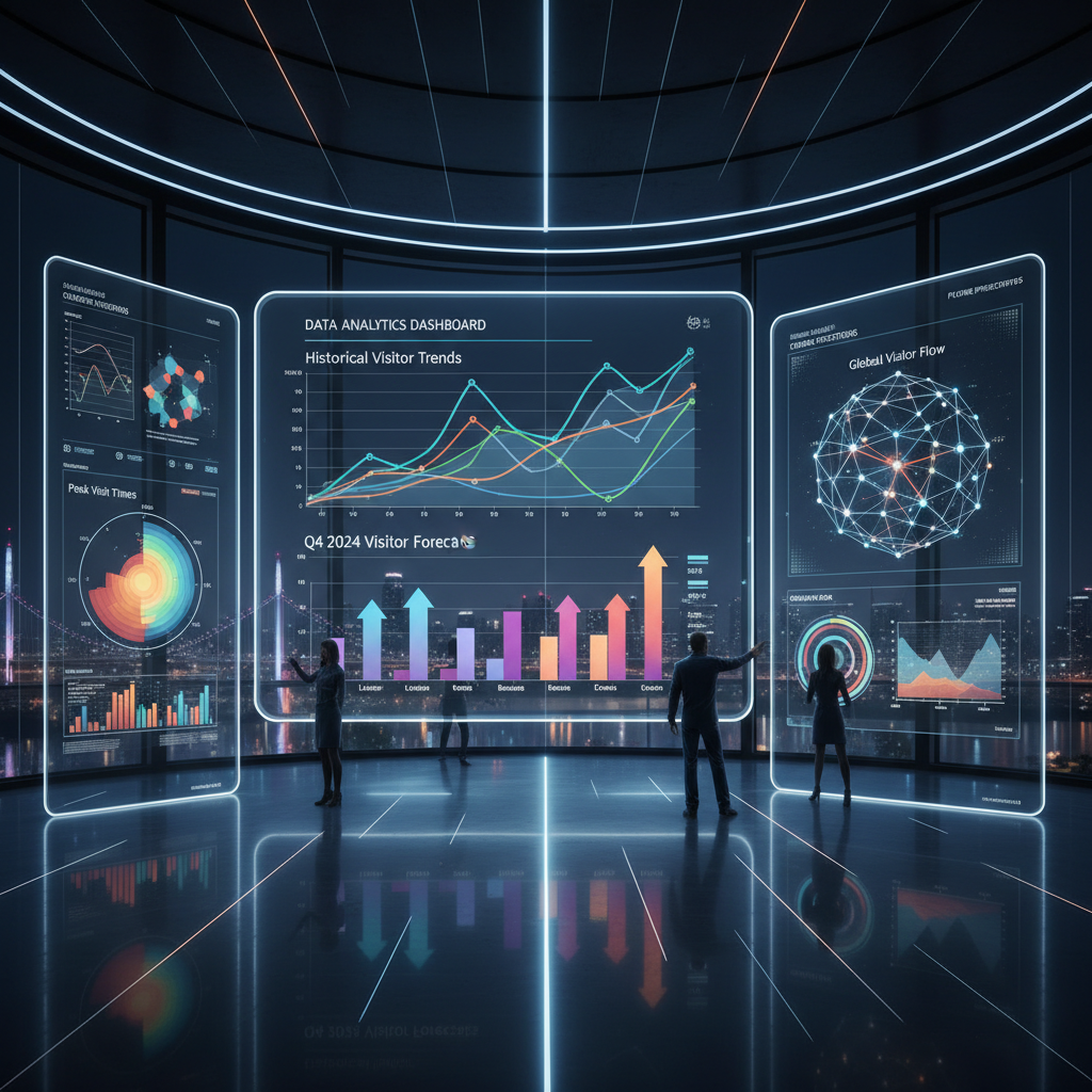 Data analytics dashboard with charts and graphs on a bright screen, clean office environment