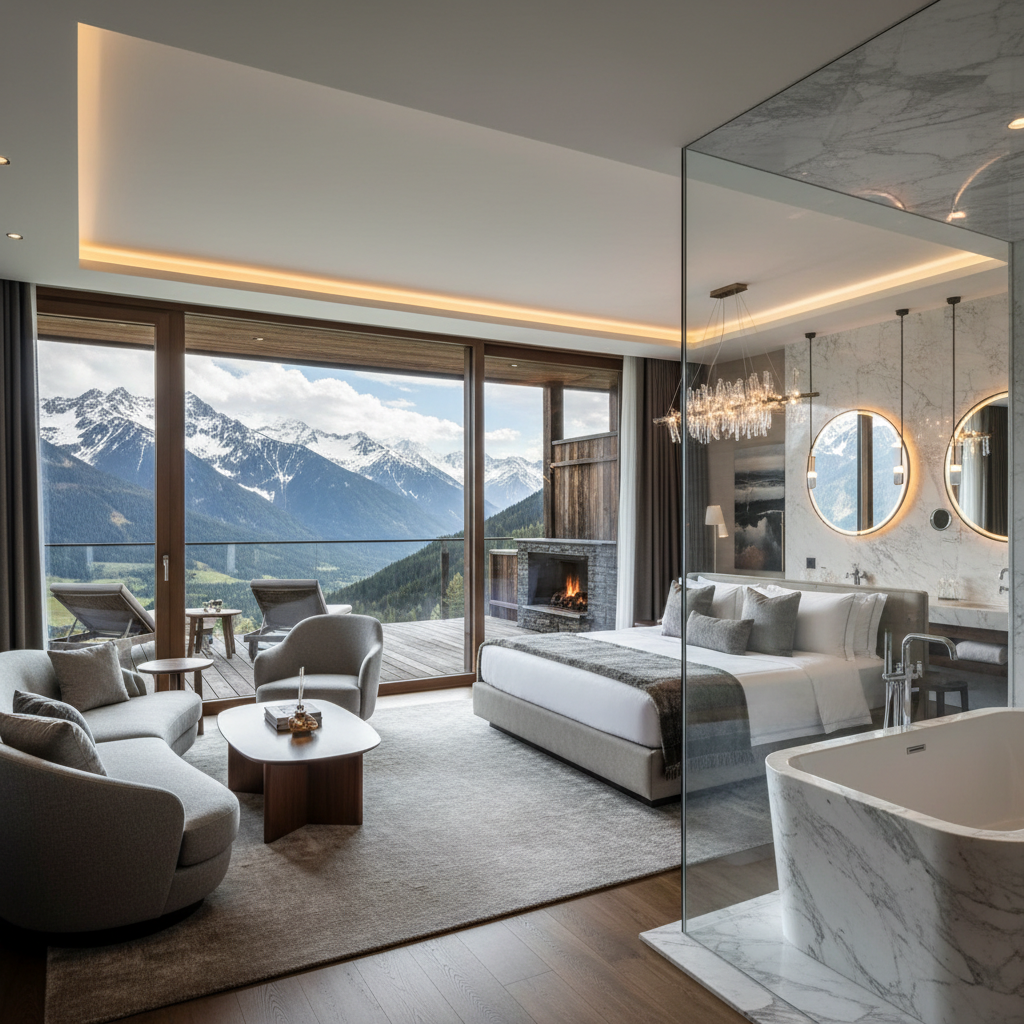 Deluxe room with private balcony, panoramic valley view, plush seating