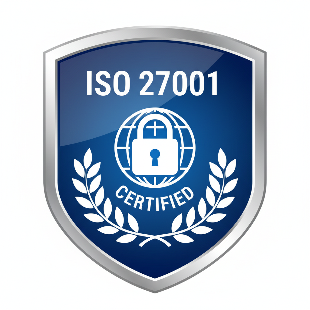 ISO 27001 certification badge with blue and white shield design representing information security standards