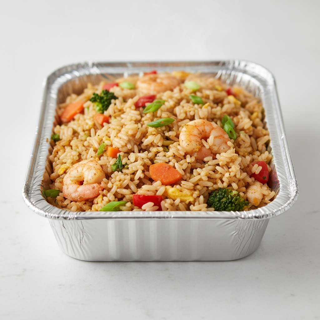 Nasi goreng in aluminium tray voor kantoorlevering